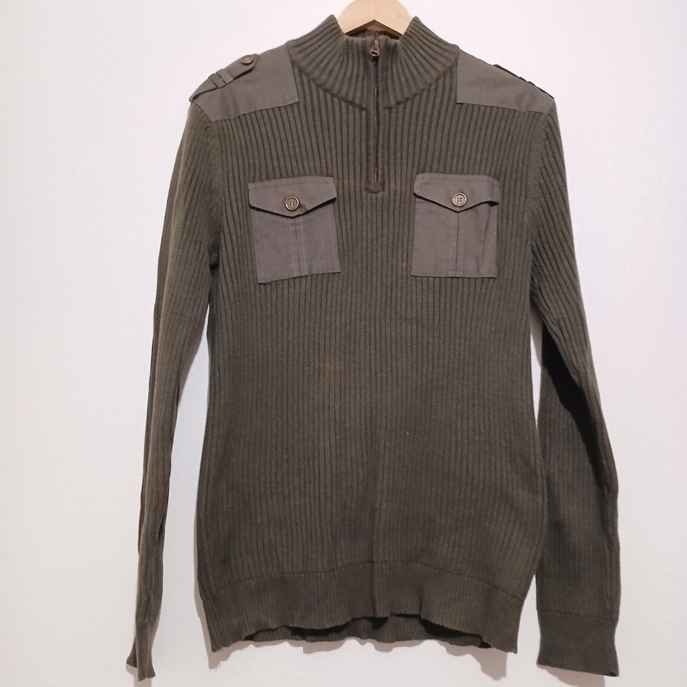 American Rag Mens Olive Green Military Quarter Zip Ribbed Cotton Sweater‎ Large